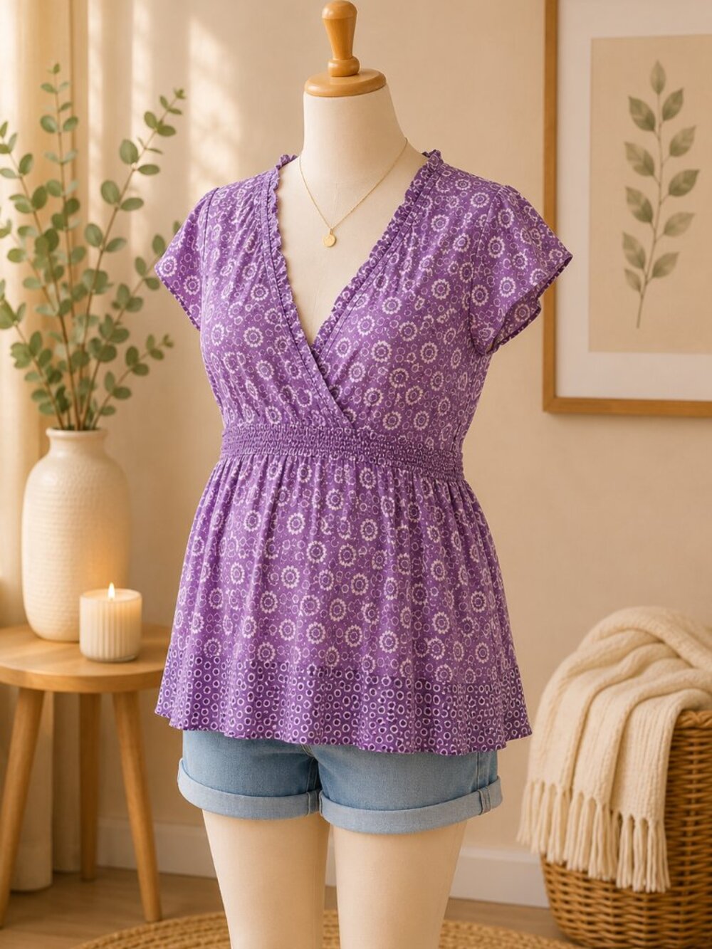 Motherhood Maternity Purple Medallion Print Short Sleeve Blouse S